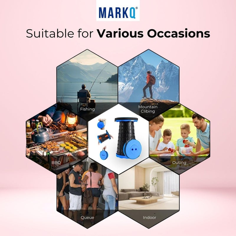 MARKQ Portable Folding Stool for Camping Outdoor, Telescopic Chair for Hiking, Fishing, Travel, Adjustable Height, Lightweight, Non-Slip Base - Blue - Image 4