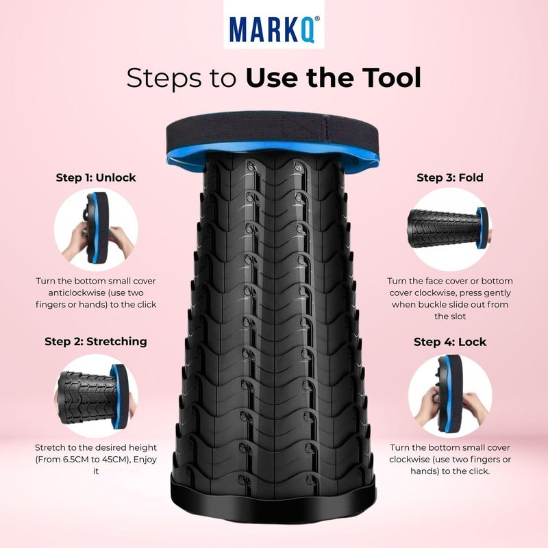 MARKQ Portable Folding Stool for Camping Outdoor, Telescopic Chair for Hiking, Fishing, Travel, Adjustable Height, Lightweight, Non-Slip Base - Blue - Image 3