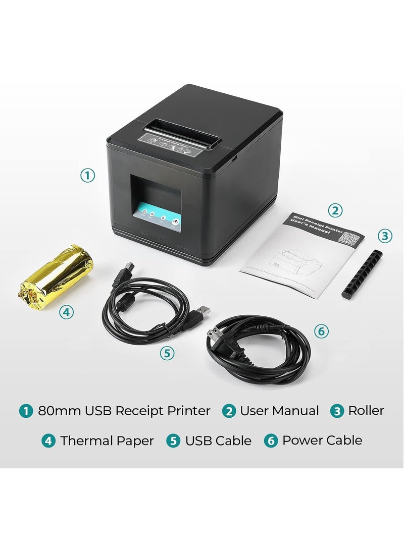 طابعة فواتير حرارية 80 مم، طابعة فواتير USB، طابعة نقاط البيع الحرارية مع قاطع تلقائي، أمر ESC/POS، متوافقة مع أنظمة Windows/Linux/Mac، تدعم أكثر من 70 لغة (واجهة USB)
