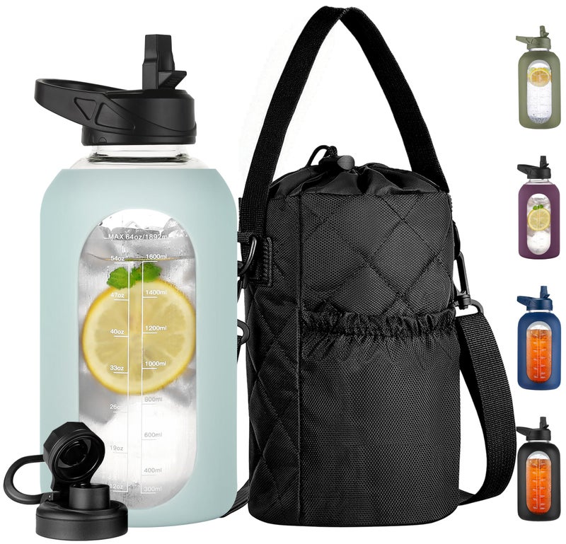 CIVAGO Half Gallon Glass Water Bottle with Straw and Insulated Bottle Holder Sling, 64 oz Motivational Water jug with Time Marker and Silicone Sleeve, Water Flask with 2 Lids, Sage - Image 1