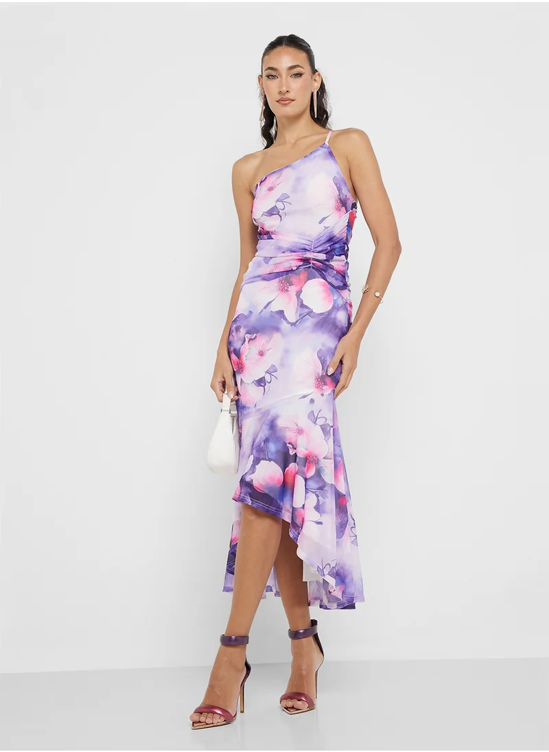 جينجر One Shoulder Floral Drop Waist Dress