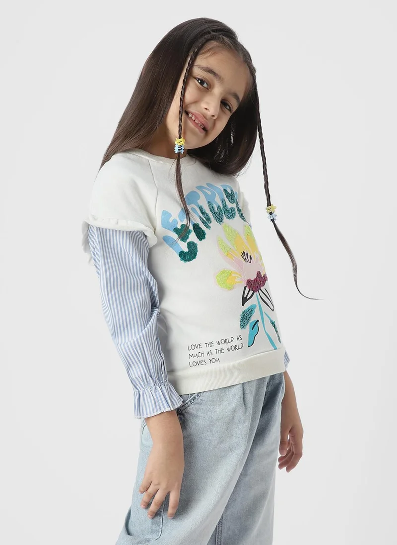 Girls Graphic Printed Sweatshirt with Striped Sleeves