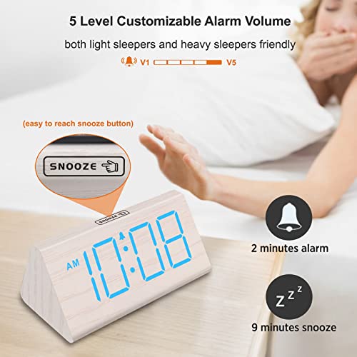DreamSky Wooden Digital Alarm Clocks for Bedrooms - Electric Desk Clock with Large Numbers, USB Port, Loud Alarm for Heavy Sleepers, Adjustable Volume, Dimmer, Snooze, DST, Wood Décor, Adapter Powered - Image 5