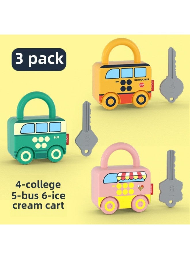 Children's Unlock Toy Fun Car Key Matching Small Lock Head Early Education Educational Life Skills Training Unlock-Color:School Bus Ice Cream Car Three Pack - Image 1