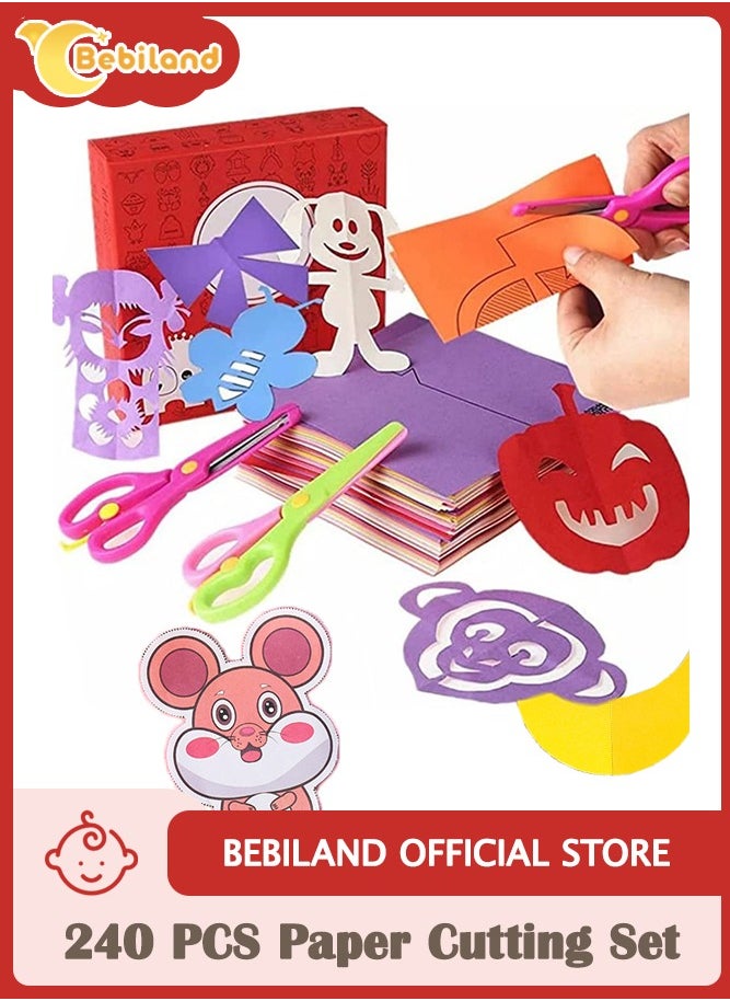 Bebiland 240 PCS Kids Paper Cutting Set Paper Activity Toys with 2 Safe Scissors Educational Toys for Kids Gift Idea (Random Color)  - Image 1