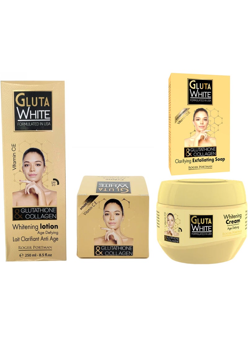 Gluta White GLUTATHIONE &COLLAGEN LOTION +ANTI ACNE CREAM+CREAM+SOAP (SET OF4) - Image 1