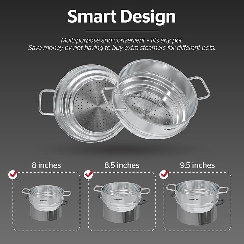 SUNHOUSE 5 Quart Stainless Steel Steamer Insert – Multi-Purpose Soup & Food Steamer with Stay-Cool Handles & Heavy-Duty Glass Lid – Fits Various Pot Sizes (8, 8.5, 9.5) - Image 2