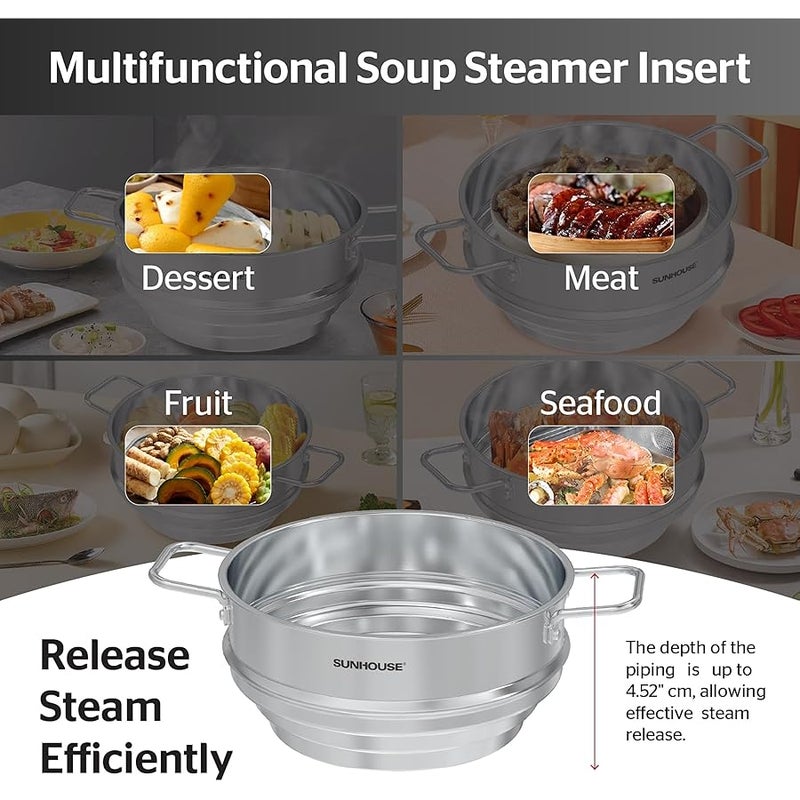 SUNHOUSE 5 Quart Stainless Steel Steamer Insert – Multi-Purpose Soup & Food Steamer with Stay-Cool Handles & Heavy-Duty Glass Lid – Fits Various Pot Sizes (8, 8.5, 9.5) - Image 4