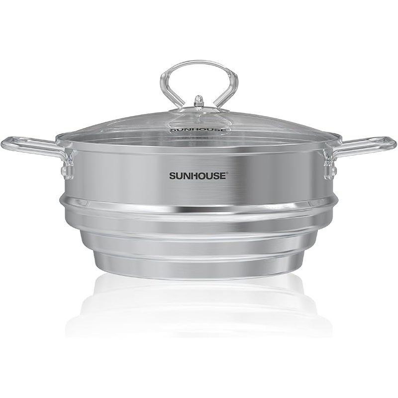 SUNHOUSE 5 Quart Stainless Steel Steamer Insert – Multi-Purpose Soup & Food Steamer with Stay-Cool Handles & Heavy-Duty Glass Lid – Fits Various Pot Sizes (8, 8.5, 9.5) - Image 1