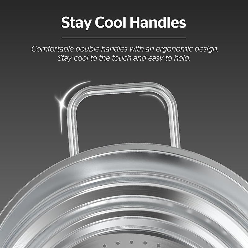 SUNHOUSE 5 Quart Stainless Steel Steamer Insert – Multi-Purpose Soup & Food Steamer with Stay-Cool Handles & Heavy-Duty Glass Lid – Fits Various Pot Sizes (8, 8.5, 9.5) - Image 5