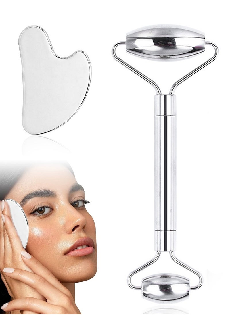 Generic 2 Pack Stainless Steel Gua Sha and Face Rollers Face Body Treatment Reduce Puffiness Facial Tension Gua Sha Tool Easy to Clean for Massage Skin for Face Eyes Neck Body  - Image 1