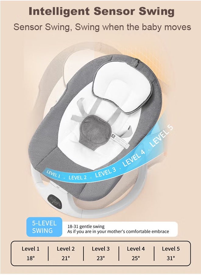 Bolivia's - Electric Baby Rocker with Bluetooth & Remote Control - 0-36 Months Baby Swing  , 5 Sway Speeds 3 Seat Positions, Safe Portable Bouncer Chair with  Bluetooth Touch Screen for Newborn to Toddler, 10 Preset Lullabies 5-Point Carabiner (Grey) - Image 1