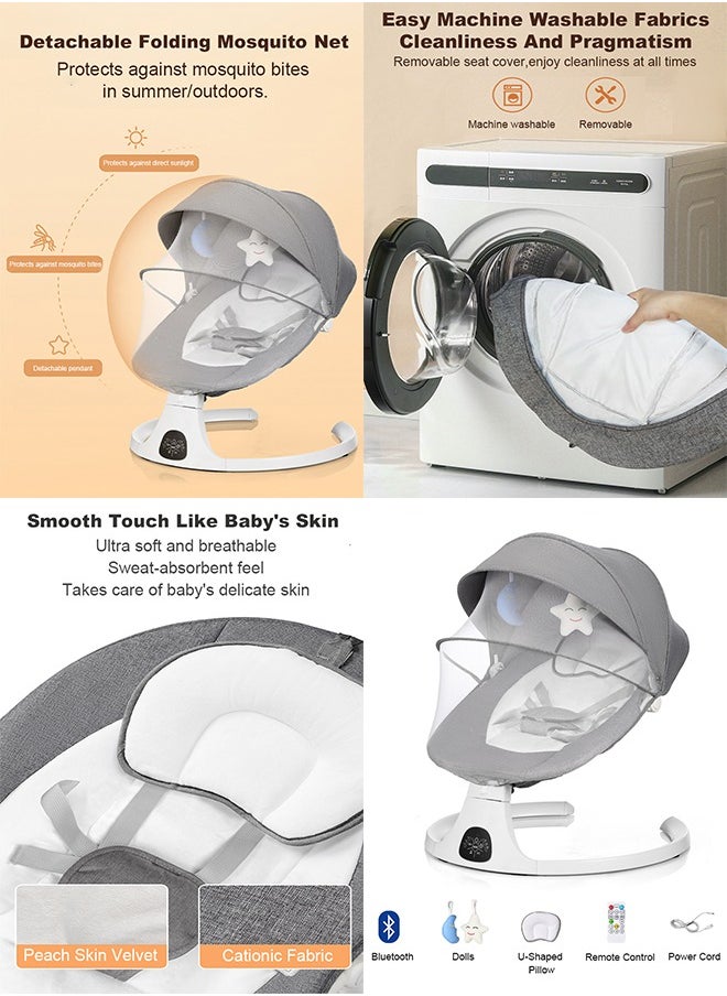 Bolivia's Electric Baby Rocker with Bluetooth & Remote Control - 0-36 Months Baby Swing  , 5 Sway Speeds 3 Seat Positions, Safe Portable Bouncer Chair with  Bluetooth Touch Screen for Newborn to Toddler, 10 Preset Lullabies 5-Point Carabiner (Grey)  - Image 3