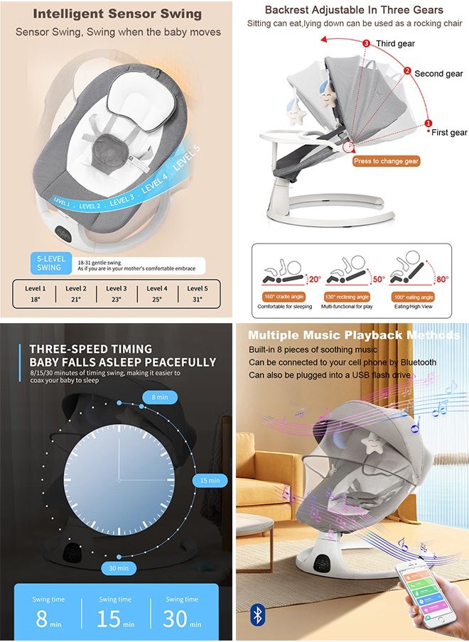 Bolivia's Electric Baby Rocker with Bluetooth & Remote Control - 0-36 Months Baby Swing  , 5 Sway Speeds 3 Seat Positions, Safe Portable Bouncer Chair with  Bluetooth Touch Screen for Newborn to Toddler, 10 Preset Lullabies 5-Point Carabiner (Grey)  - Image 2