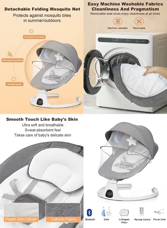 Bolivia's Electric Baby Rocker with Bluetooth & Remote Control - 0-36 Months Baby Swing  , 5 Sway Speeds 3 Seat Positions, Safe Portable Bouncer Chair with  Bluetooth Touch Screen for Newborn to Toddler, 10 Preset Lullabies 5-Point Carabiner (Grey) - Image 4