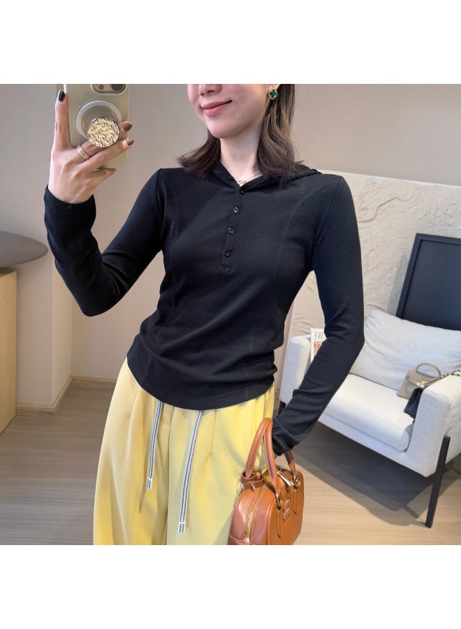 H021119 ~ Slimming Small Waist Essence ~ Hooded Button Open Collar T Mu Si Cotton Skin-friendly Slim Long Sleeve Bottoming Top 