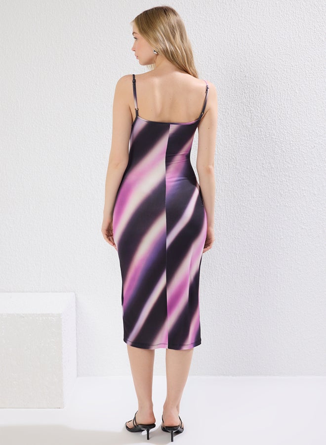 trendyol Multicolored Abstract Printed Bodycon Cowl Neck Midi Stretch Knit Dress  - Image 4