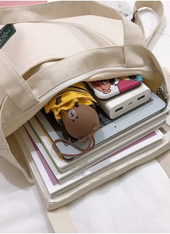 Joychic Casual Canvas Shoulder Bag Multifunction Large Capacity College Students Backpack Foldable Lightweight Tote Bag Beige  - Image 3