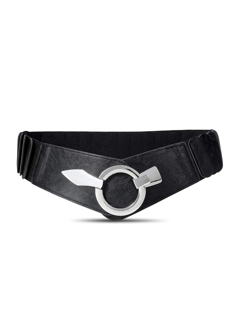Barakah Wide Elastic Waist Belt Vintage, Girls Thick Stretch Belt with Interlock Buckle , Women Stretch Waist Belt,  Fashion Retro Leather Waistband for Ladies Dress Decoration Black - Image 1