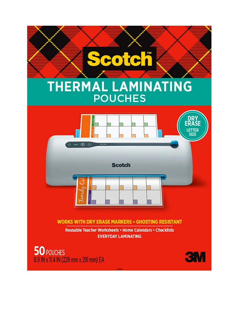 Scotch dry erase Thermal Laminating Pouches, 50-Pack, Works with Dry Erase Markers, Reuseable Worksheets, Calendars, Checklists, 8.9 x 11.4 Inches, Letter Size, Clear Professional Finish (TP3854-50DE) - Image 1