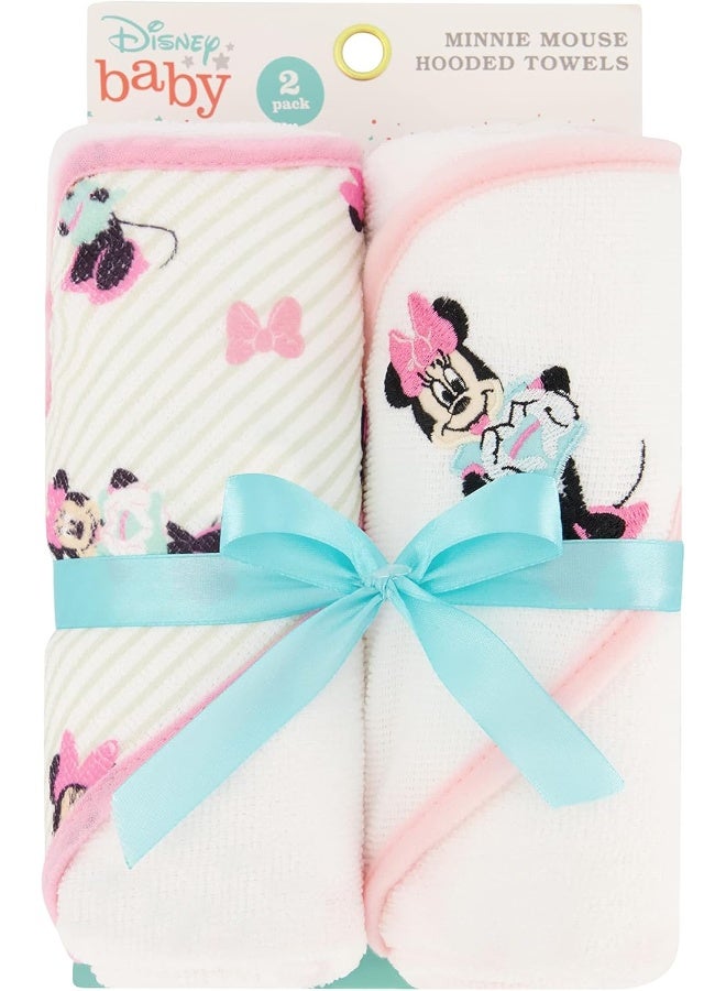 Disney Cudlie Baby Girl Minnie Mouse 2 Pack Rolled/Carded Hooded Towels in Tiny Stripe Print - Image 1