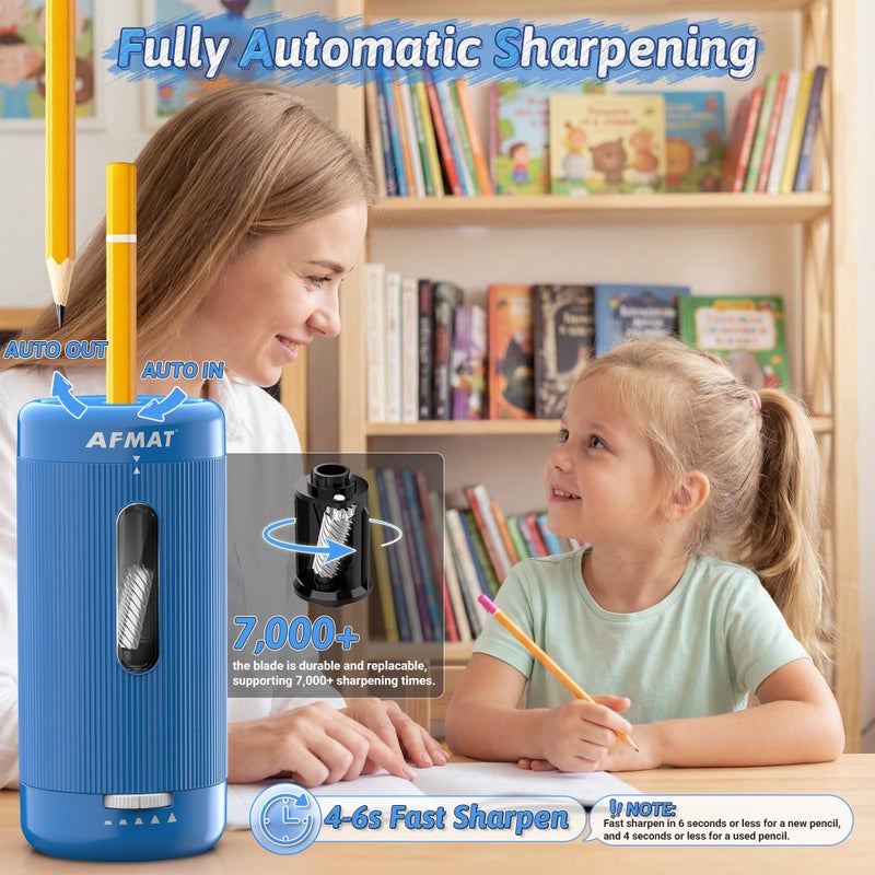 AFMAT Electric Pencil Sharpener, Auto in & Out, 5 Nibs, Fully Automatic Pencil Sharpener for Classroom, Rechargeable Hands-Free Sharpeners for No.2/Jumbo/Colored Pencils (Ï†6.5-12mm) PSC3(Sky Blue) - Image 2
