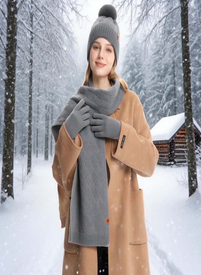 Starry Womens Winter Beanie Hat Scarf Gloves Set Warm Fleece Lined Winter Hat With Pom Pom Long Scarf Touch Screen Gloves 3 in 1 Gift Set (Gray) - Image 5