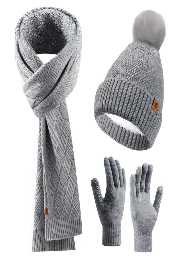 Starry Womens Winter Beanie Hat Scarf Gloves Set Warm Fleece Lined Winter Hat With Pom Pom Long Scarf Touch Screen Gloves 3 in 1 Gift Set (Gray) - Image 1