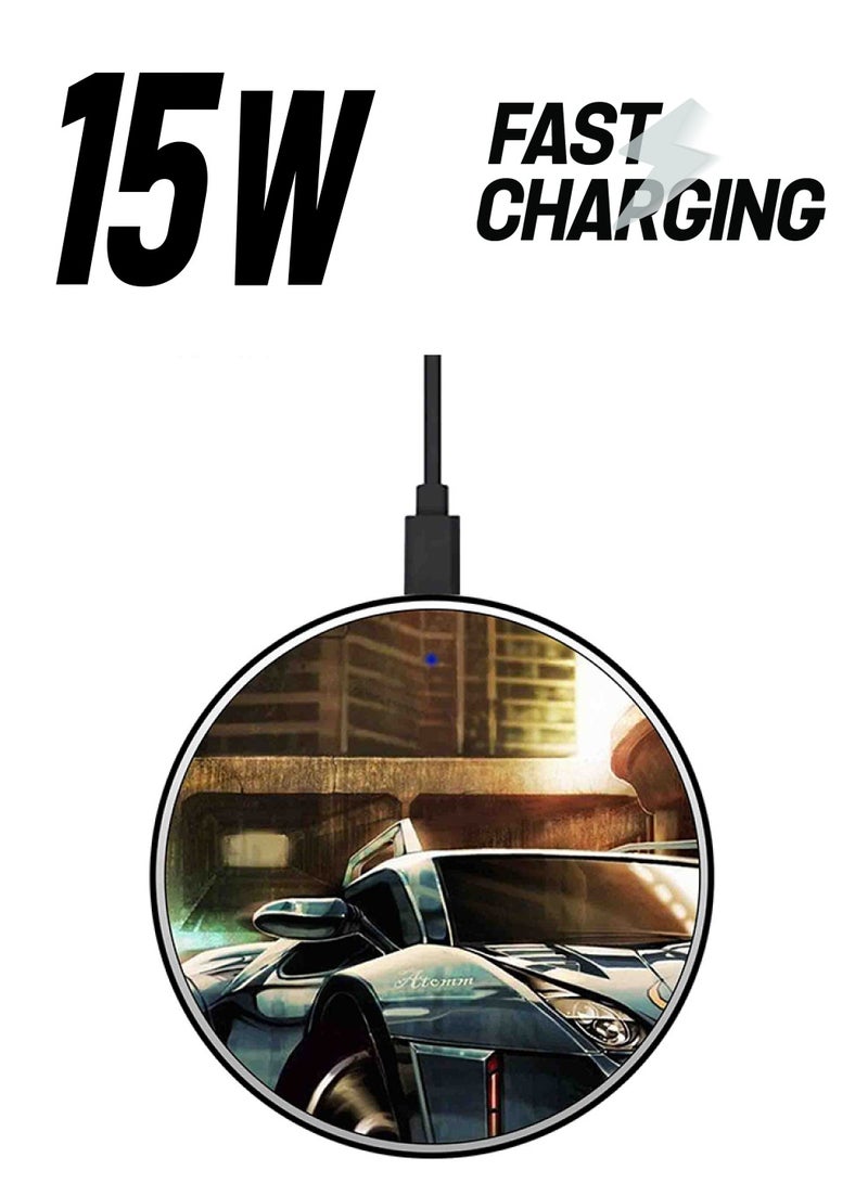 Theodor Car Printed Ultra Slim Fast Wireless Charger With USB Cable Multicolour - Image 1