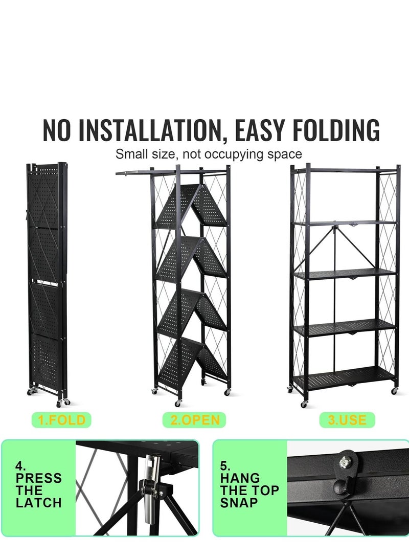 أرفف تخزين قابلة للطي مكونة من 5 طبقات، رفوف تخزين لخزانة المطبخ، رف تخزين متعدد الأغراض لغرفة المعيشة وغرفة النوم والمطبخ والجراج سهل التجميع باللون الأسود - Image 2