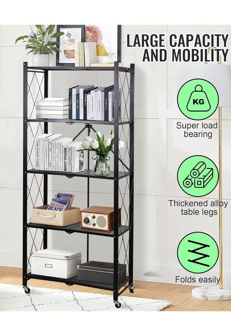 أرفف تخزين قابلة للطي مكونة من 5 طبقات، رفوف تخزين لخزانة المطبخ، رف تخزين متعدد الأغراض لغرفة المعيشة وغرفة النوم والمطبخ والجراج سهل التجميع باللون الأسود - Image 3