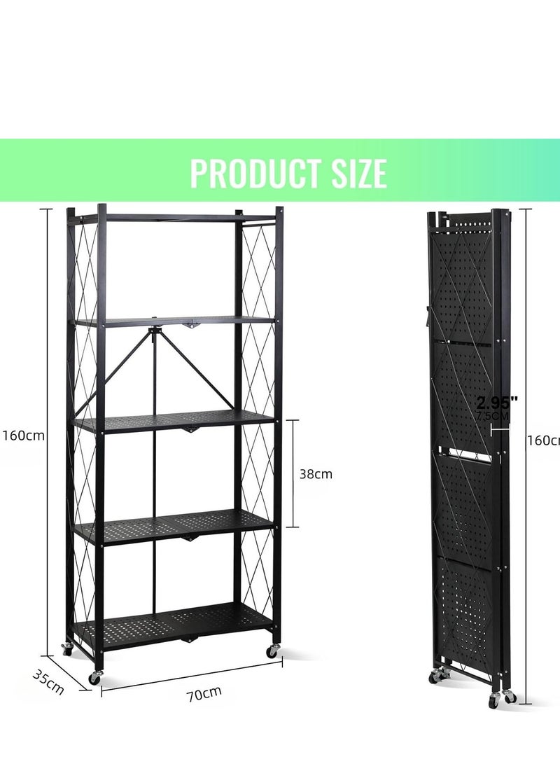 أرفف تخزين قابلة للطي مكونة من 5 طبقات، رفوف تخزين لخزانة المطبخ، رف تخزين متعدد الأغراض لغرفة المعيشة وغرفة النوم والمطبخ والجراج سهل التجميع باللون الأسود - Image 4