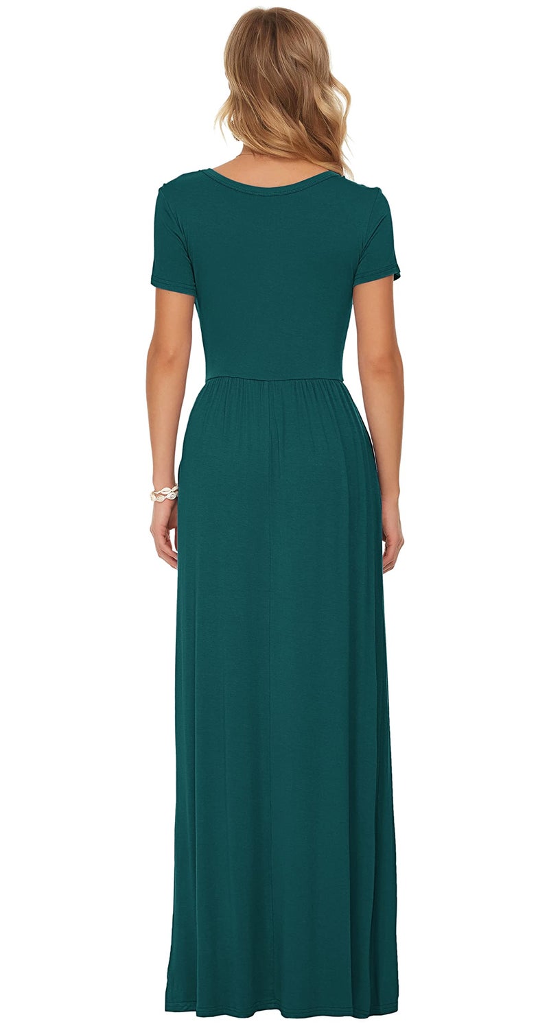 AUSELILY Long Dress for Women Spring Casual Short Sleeve Crewneck Empire Waist Maxi Dresses with Pockets 2026 Dark Green M - Image 5