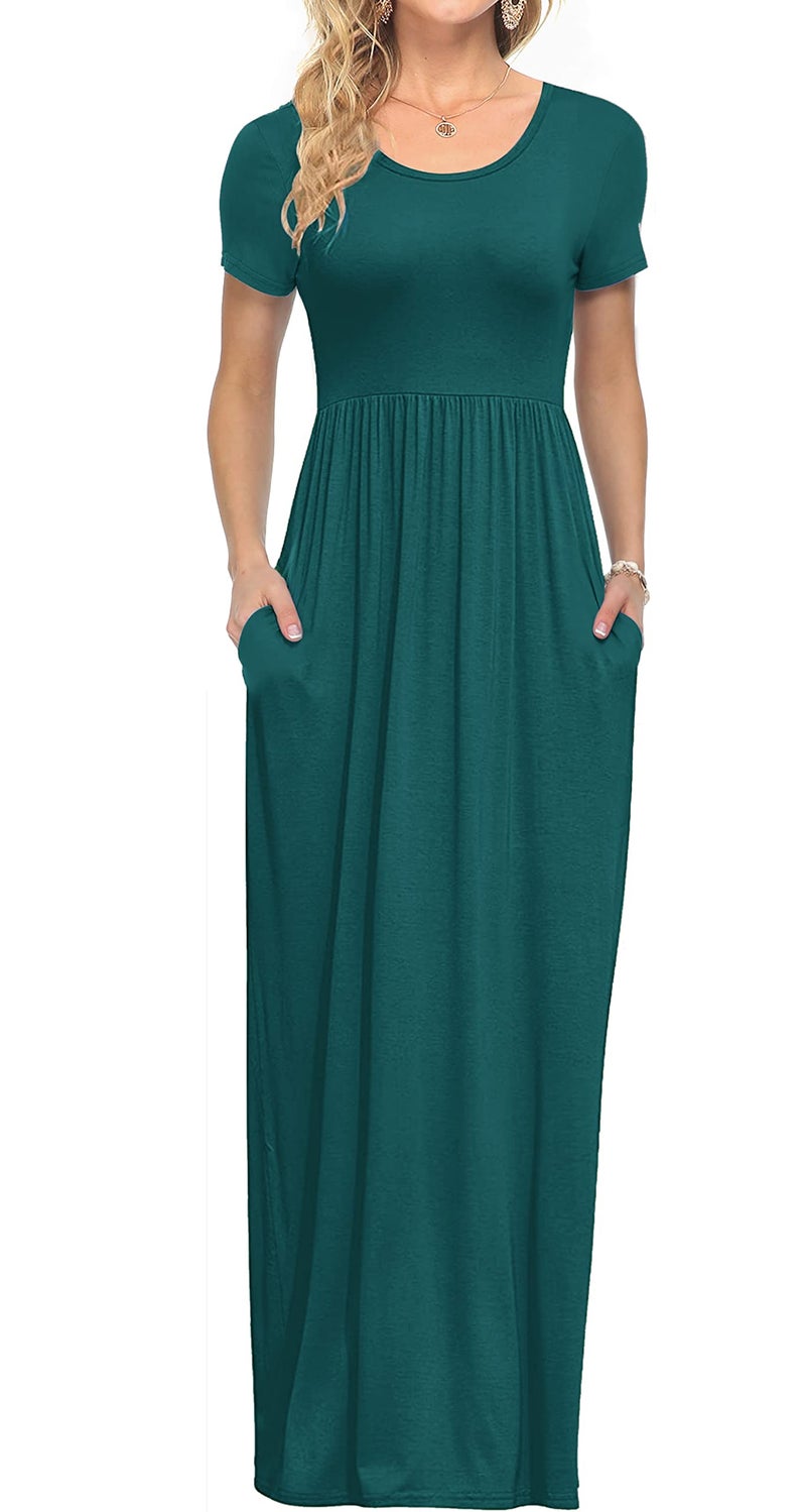 AUSELILY Long Dress for Women Spring Casual Short Sleeve Crewneck Empire Waist Maxi Dresses with Pockets 2026 Dark Green M - Image 1