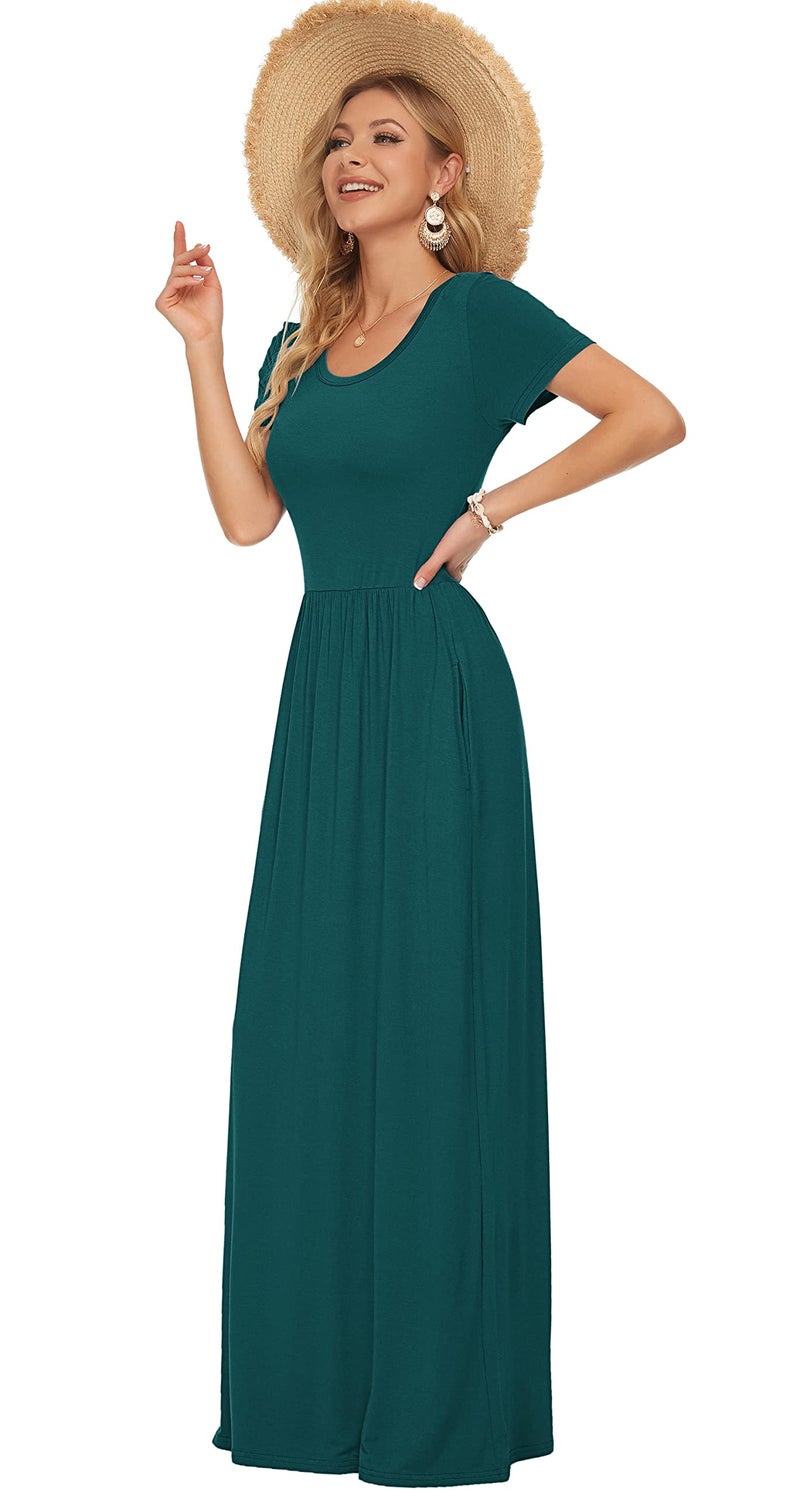 AUSELILY Long Dress for Women Spring Casual Short Sleeve Crewneck Empire Waist Maxi Dresses with Pockets 2026 Dark Green M - Image 3