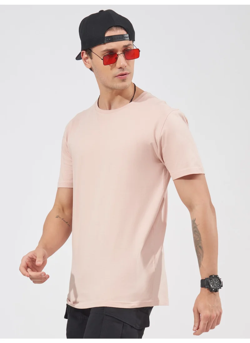 Maniac Maniac Mens Solid Half Sleeve Round Neck Pink Cotton Slim Fit T-Shirt