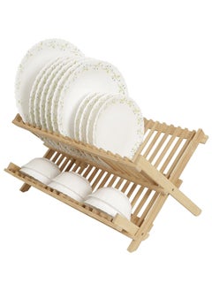 CATANES Bamboo Drying Rack Folding 2-Tier Dish Drying Rack With Utensil Holder 36x1x30 Cm Light Brown  - Image 1