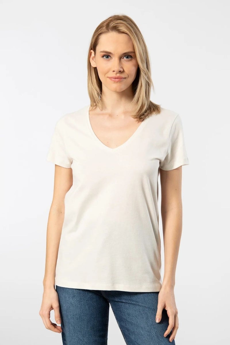 WT-Shirt Milano Women Short Sleeve V Neck Basic T-Shirt-Beige