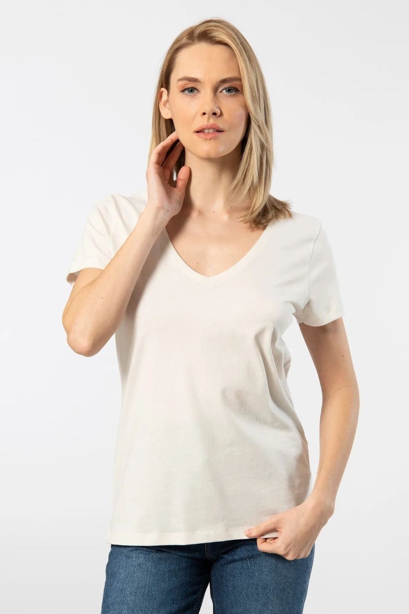 WT-Shirt Milano Women Short Sleeve V Neck Basic T-Shirt-Beige
