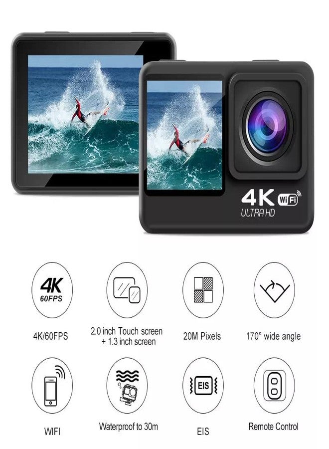 AUSHA® 4K Action Camera 60fps with Anti-Shake EIS Stabilization, 24MP Photo Resolution, 4X Digital Zoom, Remote Control, WiFi, Dual Touch Screen for Travelling,Diving,Vlogging - Image 2