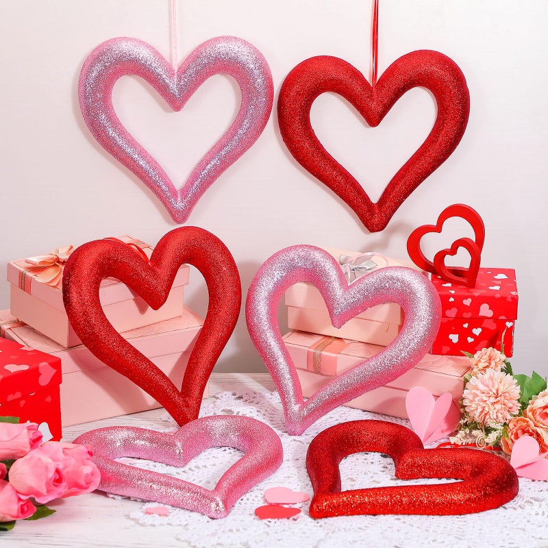 Lineshading 6 Pcs Large Heart Ornaments for Valentines 10'' 3D Glitter Heart Hanging Ornament for Tree Wreath Door Home Window Valentine's Day Wedding Holiday Decor(Red and Pink,Fine Glitter) - Image 1
