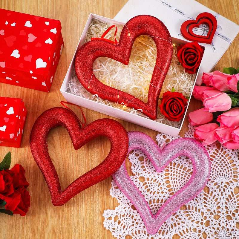 Lineshading 6 Pcs Large Heart Ornaments for Valentines 10'' 3D Glitter Heart Hanging Ornament for Tree Wreath Door Home Window Valentine's Day Wedding Holiday Decor(Red and Pink,Fine Glitter) - Image 4