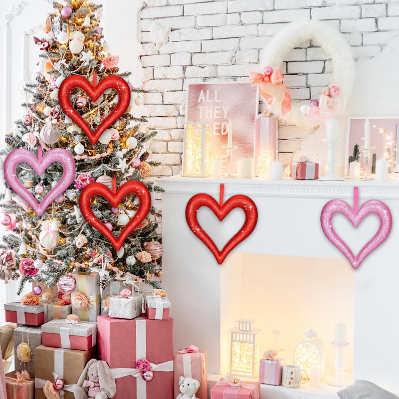 Lineshading 6 Pcs Large Heart Ornaments for Valentines 10'' 3D Glitter Heart Hanging Ornament for Tree Wreath Door Home Window Valentine's Day Wedding Holiday Decor(Red and Pink,Fine Glitter) - Image 3