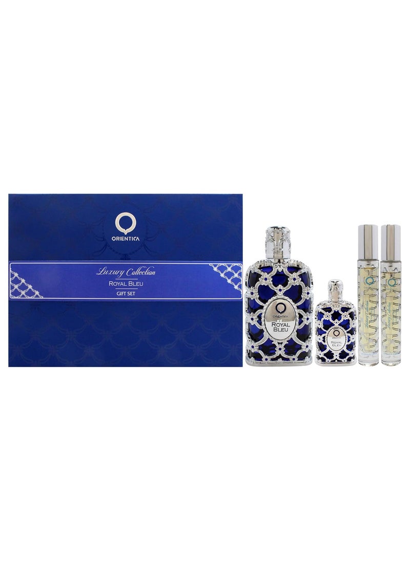 Orientica Royal Bleu by Orientica for Unisex - 4 Pc Gift Set 2.7oz EDP Spray, 2 x 10ml EDP Spray, 7.5ml EDP Splash 