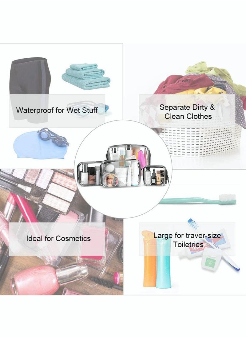 KASTWAVE - Clear Makeup Bag Organiser Set, Waterproof Portable Clear Makeup Bag Zipper Cosmetics Bag Transparent PVC Zippered Toiletry Bag Organizers With Handle for Vacation Travel, Bathroom (4PCS Clear-Black) - Image 1