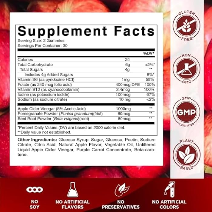 Vitamatic فيتاميناتك حبوب خل التفاح - 1000 ملغ لكل حصة - 60 حبة نباتية - حبوب خل التفاح لدعم التخلص من السموم، فقدان الوزن، زيادة الطاقة، الهضم وصحة الأمعاء - Image 2