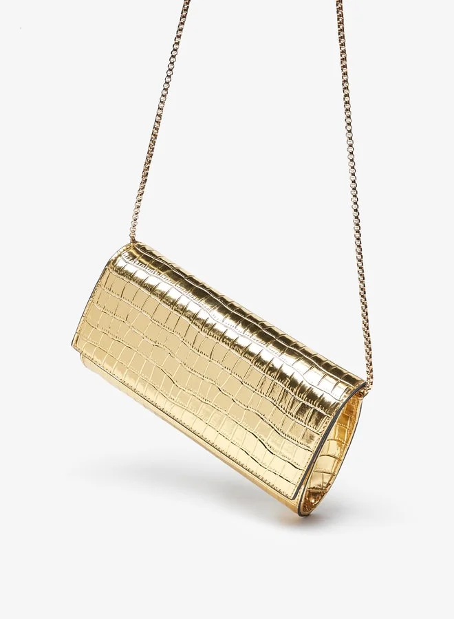 سيليست Women's Textured Clutch with Metallic Chain Strap and Snap Button Closure