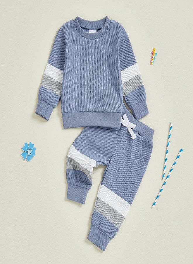 BULINGNA Toddler Baby Boy Fall Winter Clothes Long Sleeve Crewneck Pullover Sweatshirt Jogger Pants Set 2Pcs Contrast Outfit (Blue, 12-18 Months) - Image 4