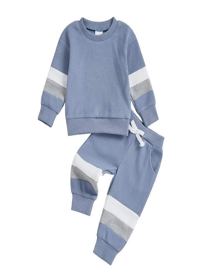 BULINGNA Toddler Baby Boy Fall Winter Clothes Long Sleeve Crewneck Pullover Sweatshirt Jogger Pants Set 2Pcs Contrast Outfit (Blue, 12-18 Months) - Image 1