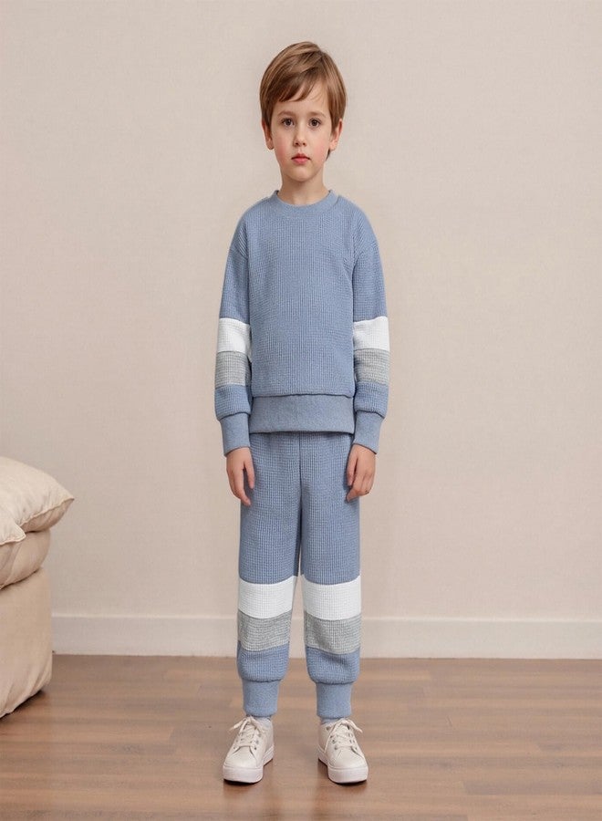 BULINGNA Toddler Baby Boy Fall Winter Clothes Long Sleeve Crewneck Pullover Sweatshirt Jogger Pants Set 2Pcs Contrast Outfit (Blue, 12-18 Months) - Image 3